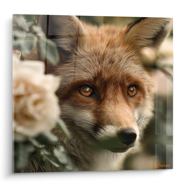 Tableau Renard roux visage face aux roses crème - Museau blanc et moustaches - Edition Renard
