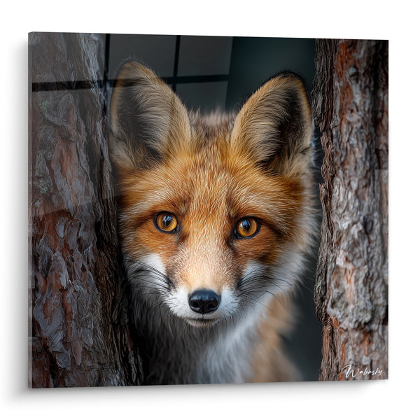 Tableau Renard roux entre deux troncs bruns - Regard surpris - Edition Renard