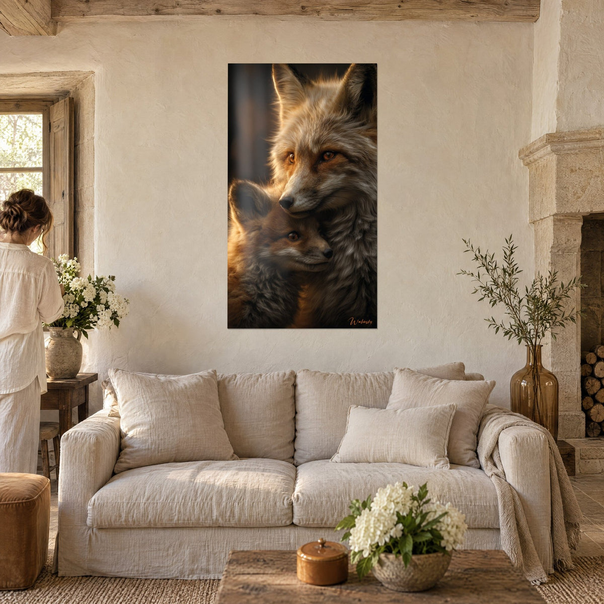 Wall art fox mother with cream and russet fur cradling her cub, amber eyes, above a sofa in a bright living room