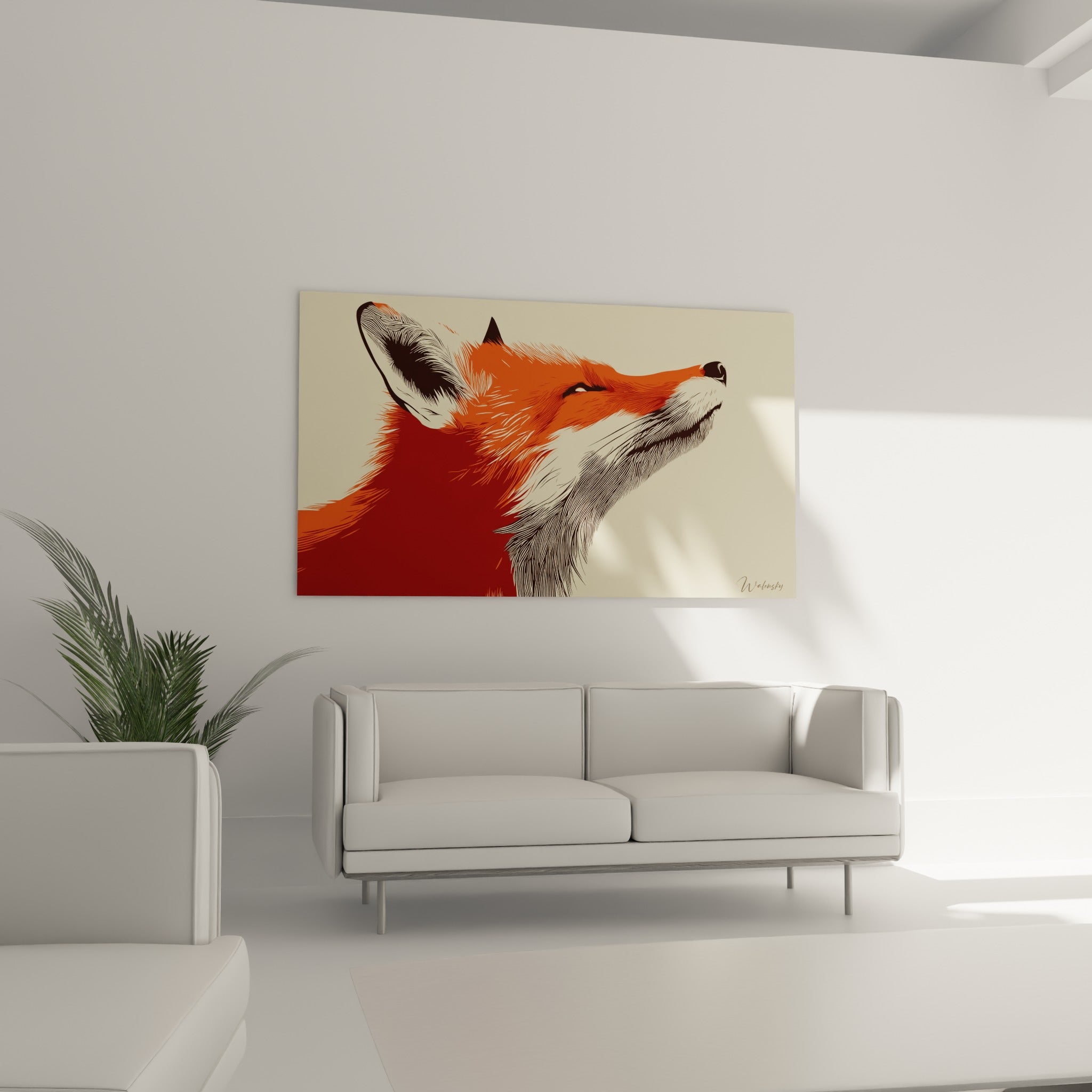 Fourrure graphique aux tons rouge et anthracite, ce renard fier surplombe un canapé dans un salon lumineux