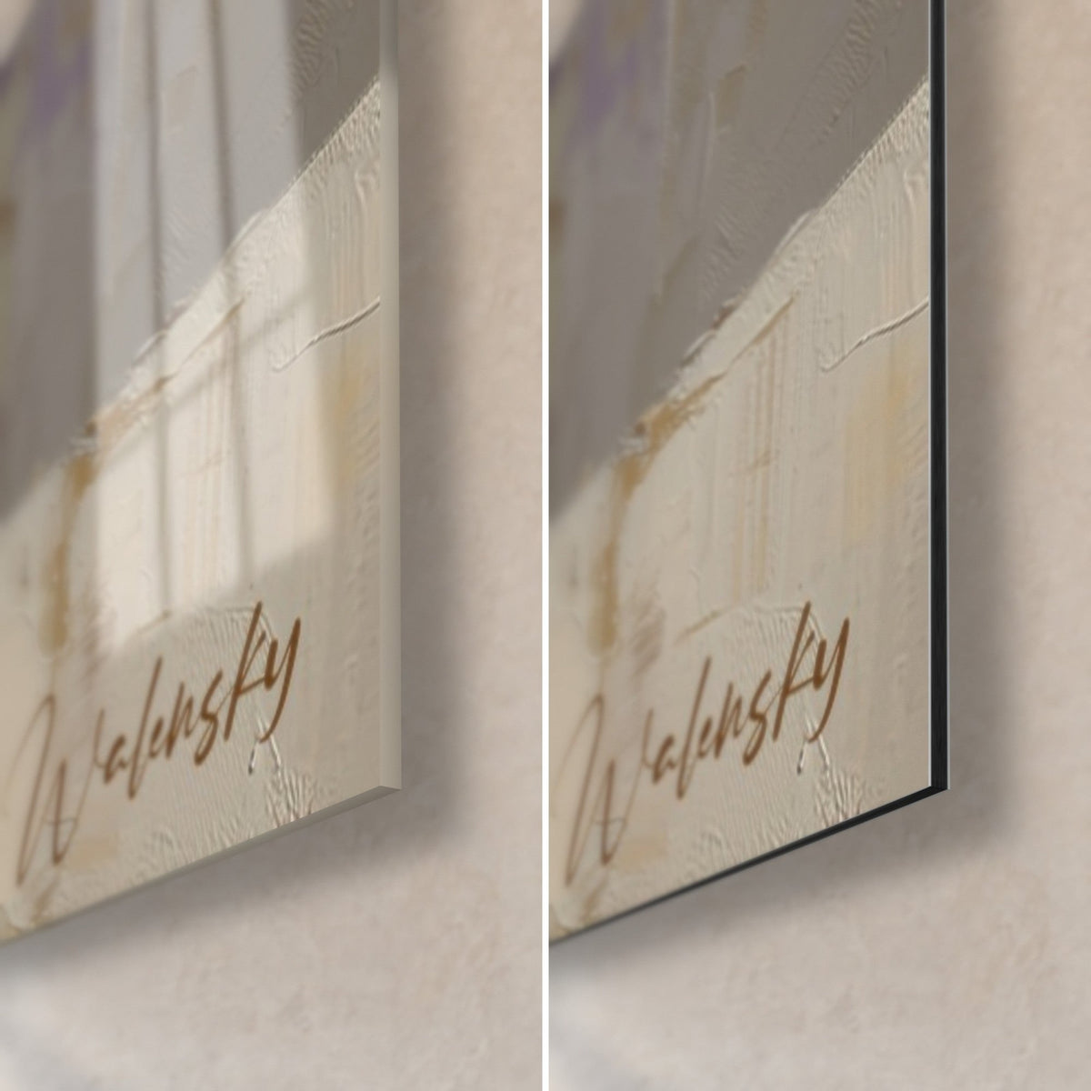 Wall art fox painted with a palette knife, bottom right corner: glossy acrylic glass on the left, matte Dibond aluminum on the right, 3 mm edge and brown signature