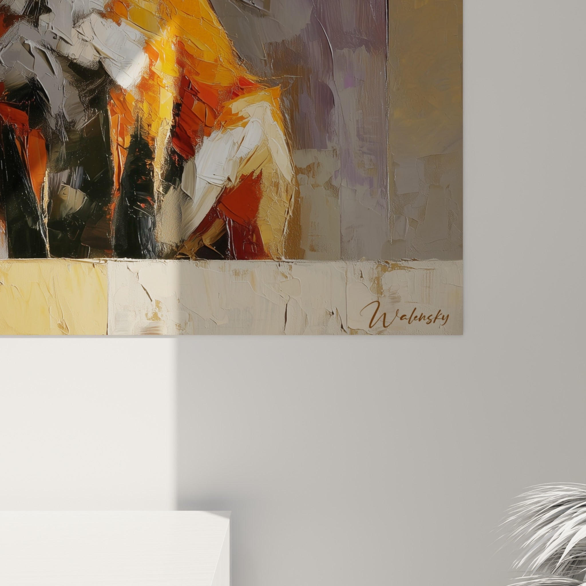 Empâtements épais orange, terracotta et blanc du pelage du renard, coulures de peinture visibles en gros plan