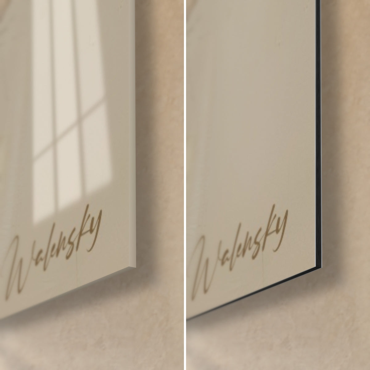 Schilderij hondachtige met spitse beige en gouden oren, rechter onderhoek van glanzend glas en mat Dibond-aluminium, dikte 3 mm