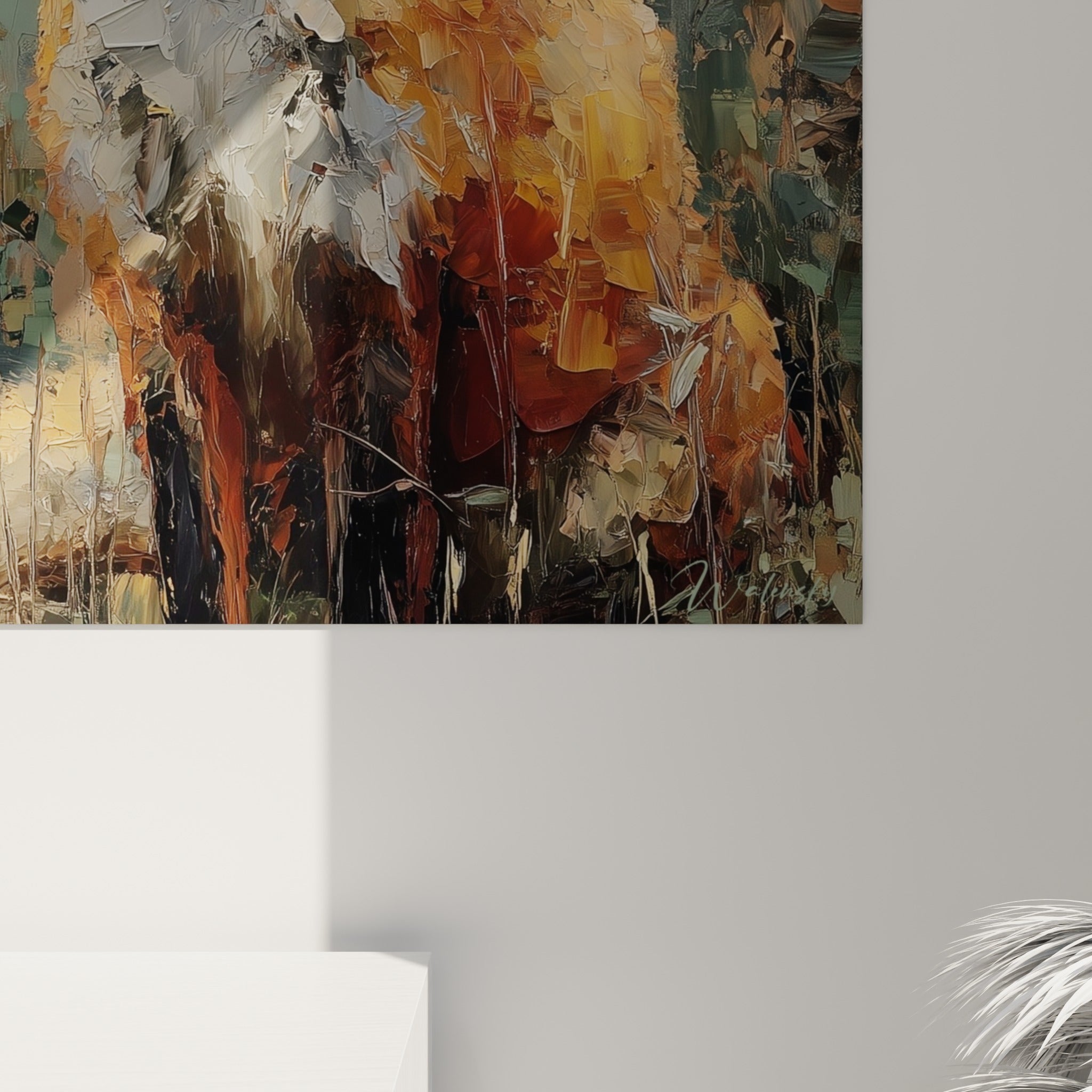Empâtements de peinture orange et blanc crème sur le pelage du renard, matière sculpturale et reliefs marqués