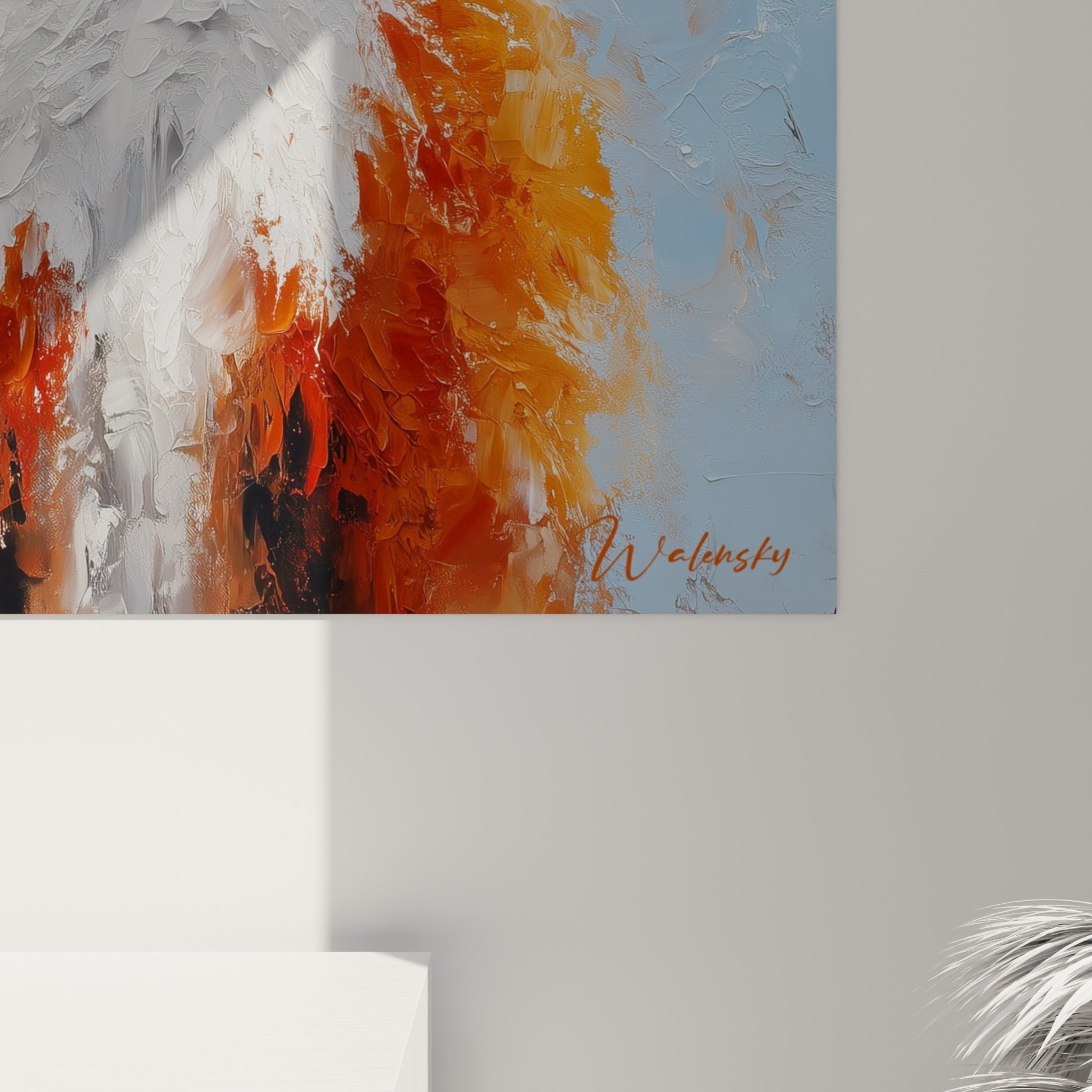 Empâtements orangés et blancs d'un pelage de renard, matière épaisse et sillons de peinture visibles