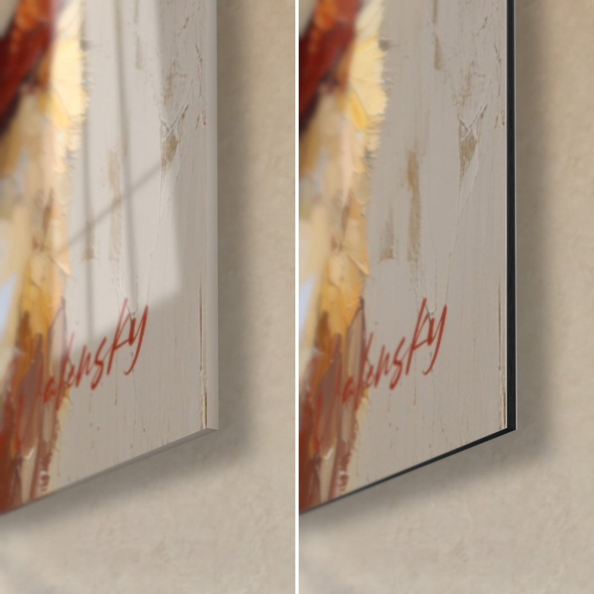 Wall art fox in thick impasto, bottom right corner: glossy glass on the left, matte Dibond aluminium on the right, red signature, black 3 mm edge