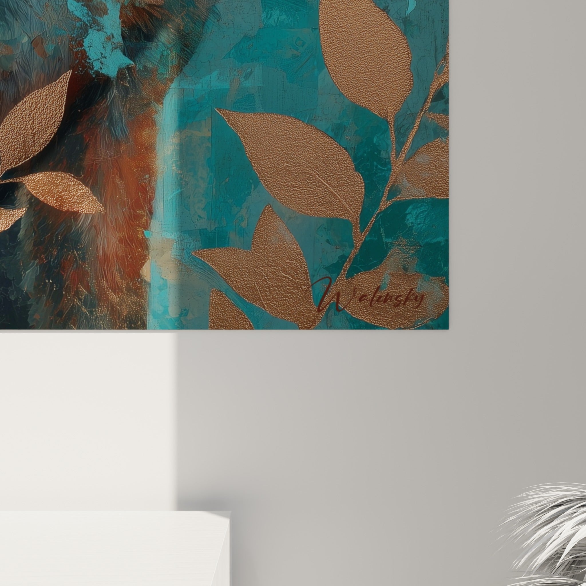 Grain de peinture sur la fourrure orangée et empâtements dorés des feuilles au ras de la toile du renard
