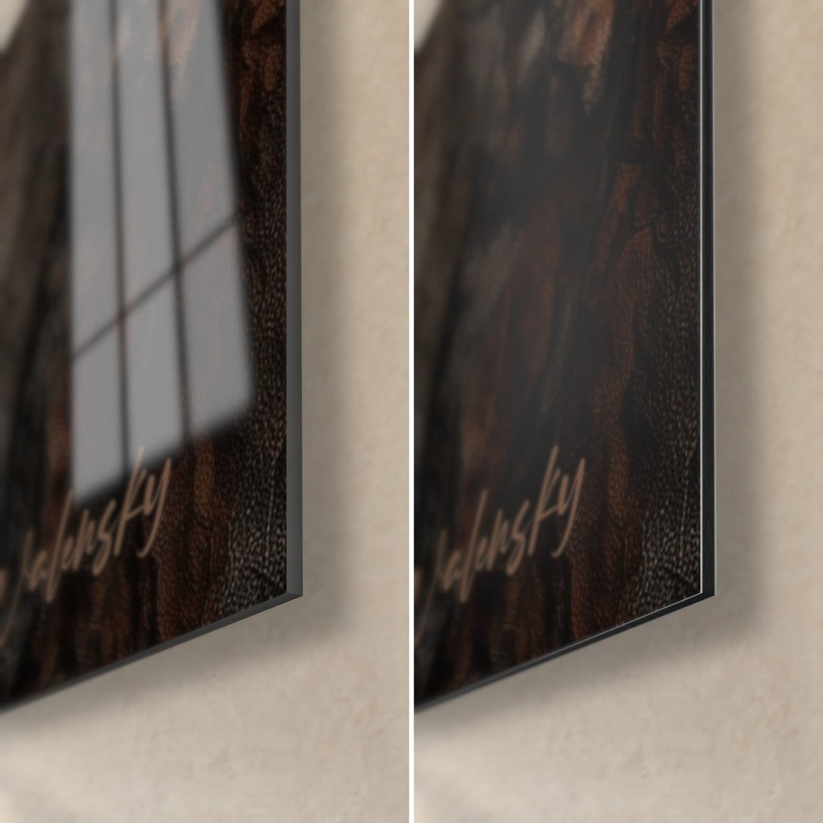 Wall art fox on brown bark, bottom right corner: glossy acrylic glass reflecting the window, matt black Dibond, 3 mm edge