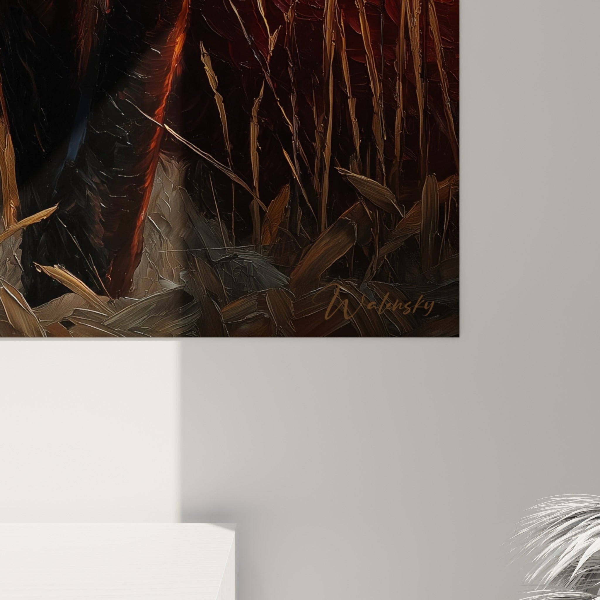 Empâtements dorés et roux du pelage du renard visibles en gros plan sur la toile