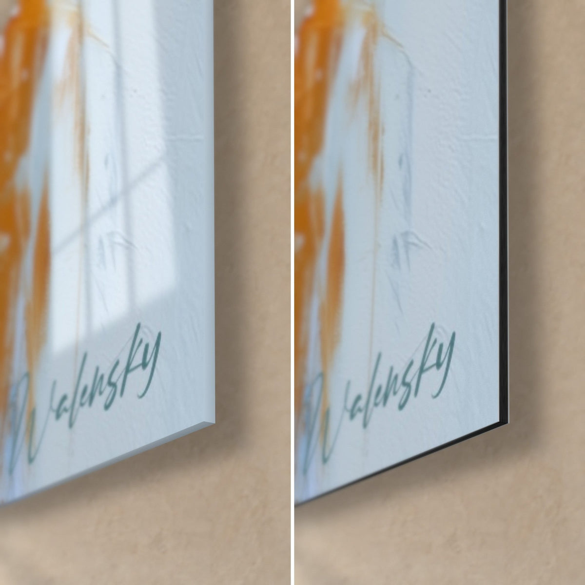Wall art red fox, bottom right corner: glossy acrylic glass on the left, matte black Dibond aluminium on the right, blue-green Walensky signature, 3 mm edge