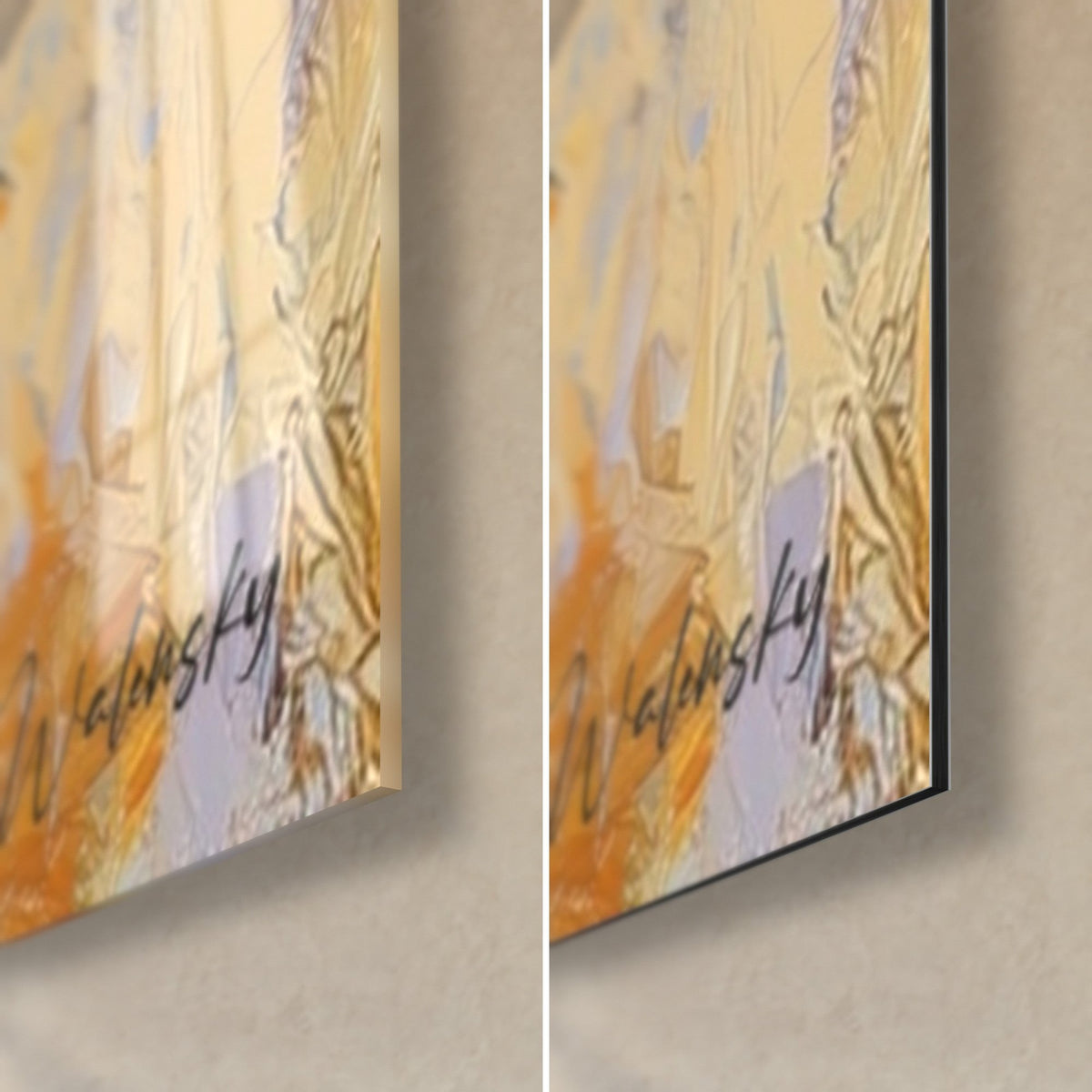 Wall art black fox muzzle, orange and ivory brushstrokes, lower right corner in glossy glass and matte Dibond, 3 mm edge