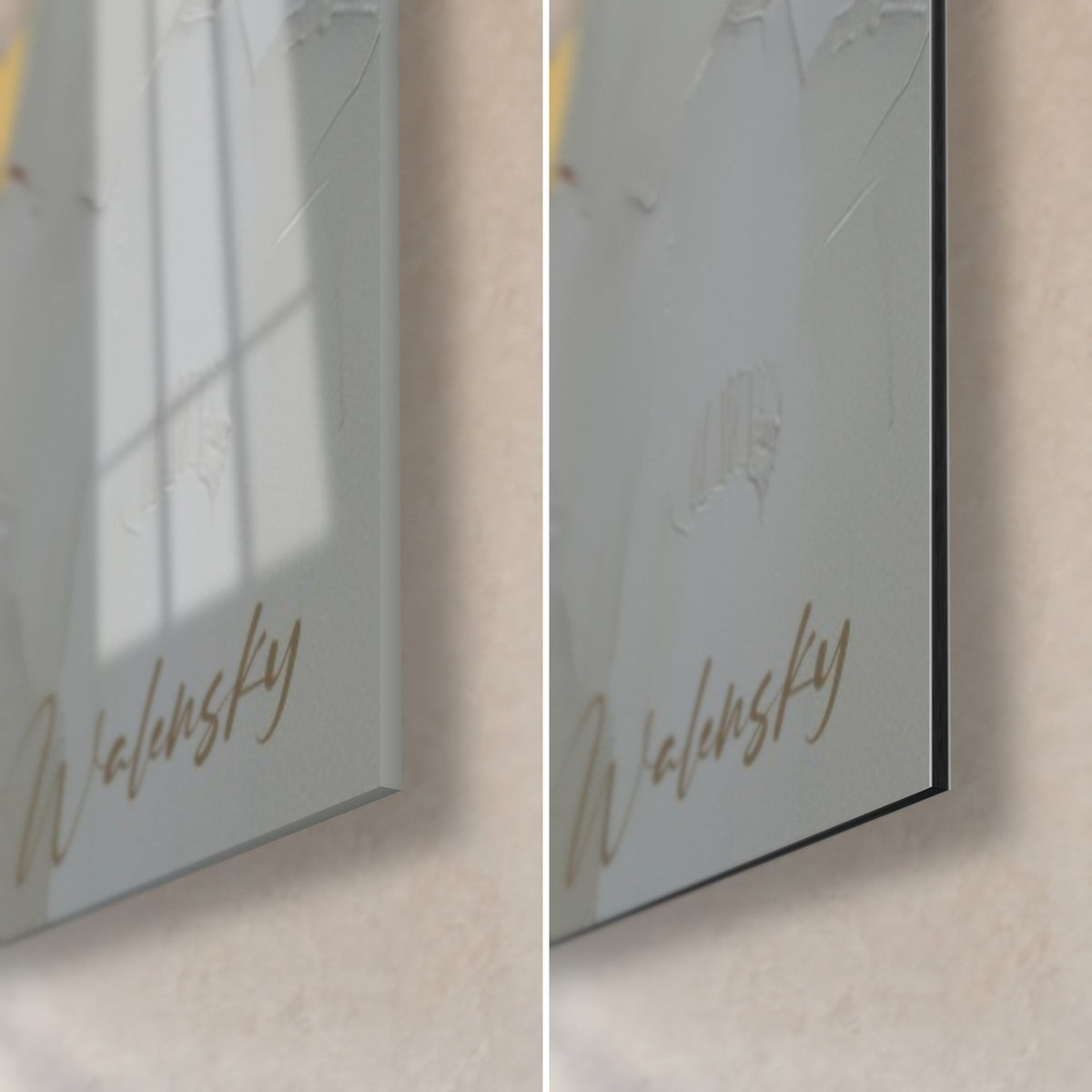 Gemälde Schnauze eines Rotfuchses in Rot und Grau, untere rechte Ecke: glänzendes Acrylglas mit Reflexen links, mattschwarzes Dibond rechts