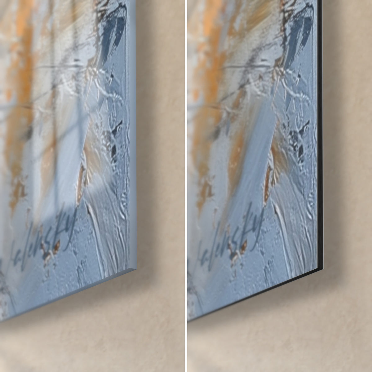 Quadro ritratto di volpe, angolo in basso a destra: vetro lucido con riflessi, alluminio Dibond opaco, spessore di 3 mm e impasti grigio-azzurri