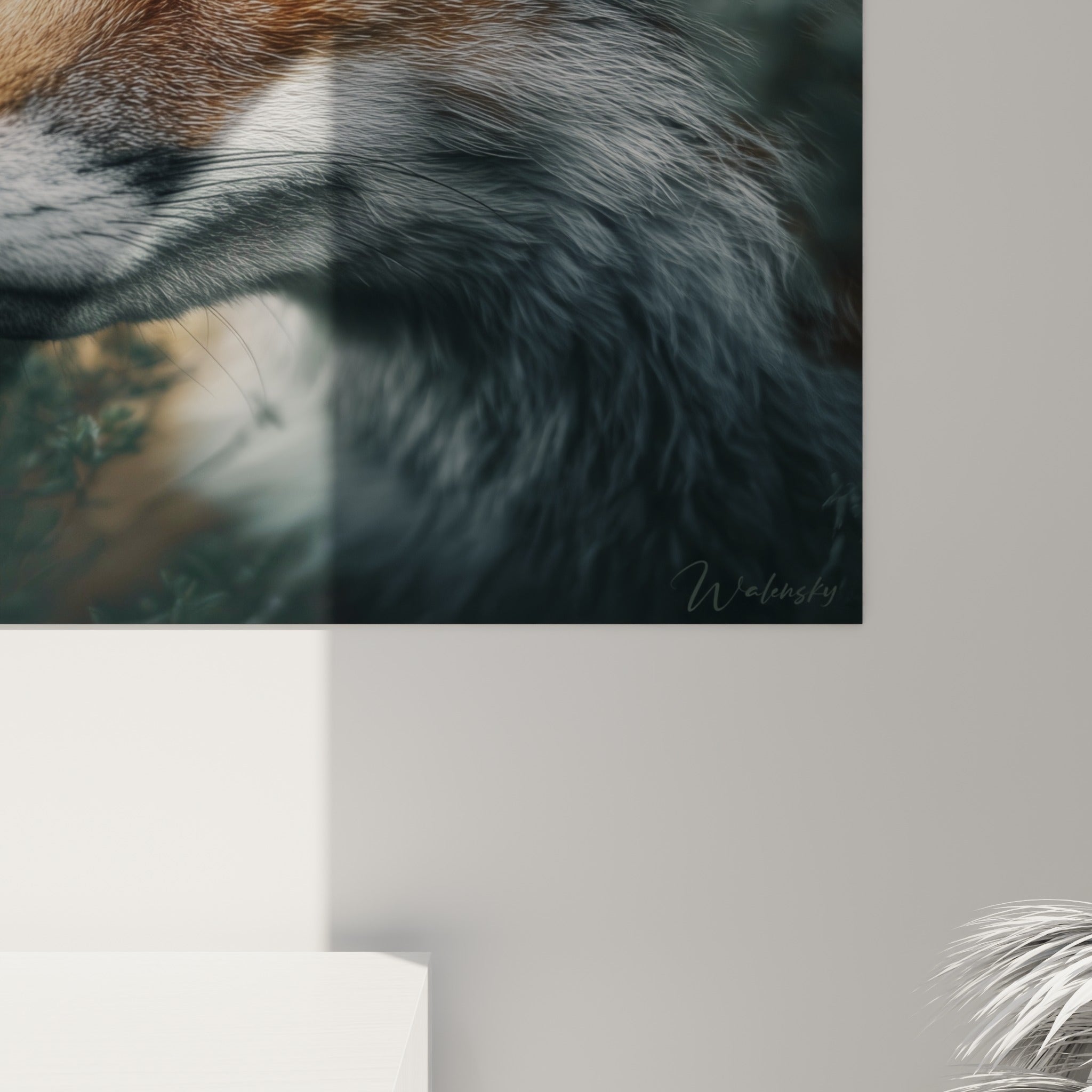 Détail de la texture peinte du pelage fauve et gris du renard, empâtements fins autour de l'œil ambré lumineux