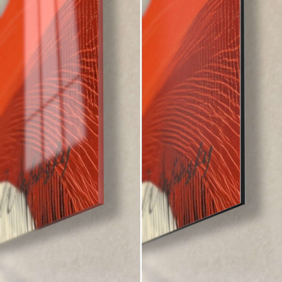 Wall art red canid with fine engraved streaks, bottom right corner: glossy acrylic glass on the left, matte Dibond aluminium on the right