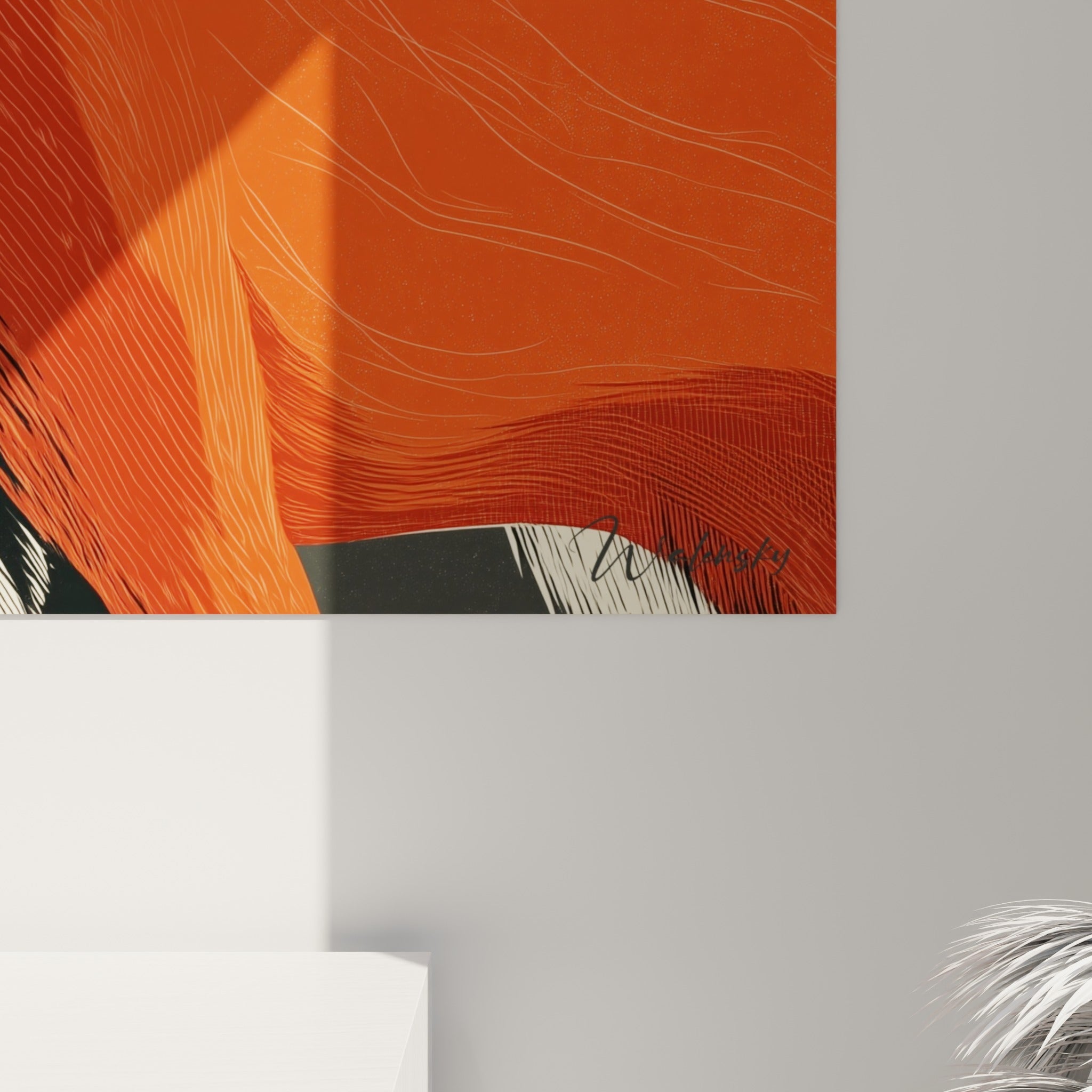 Traits fins et hachures du pelage orange et anthracite visibles de près sur l'impression