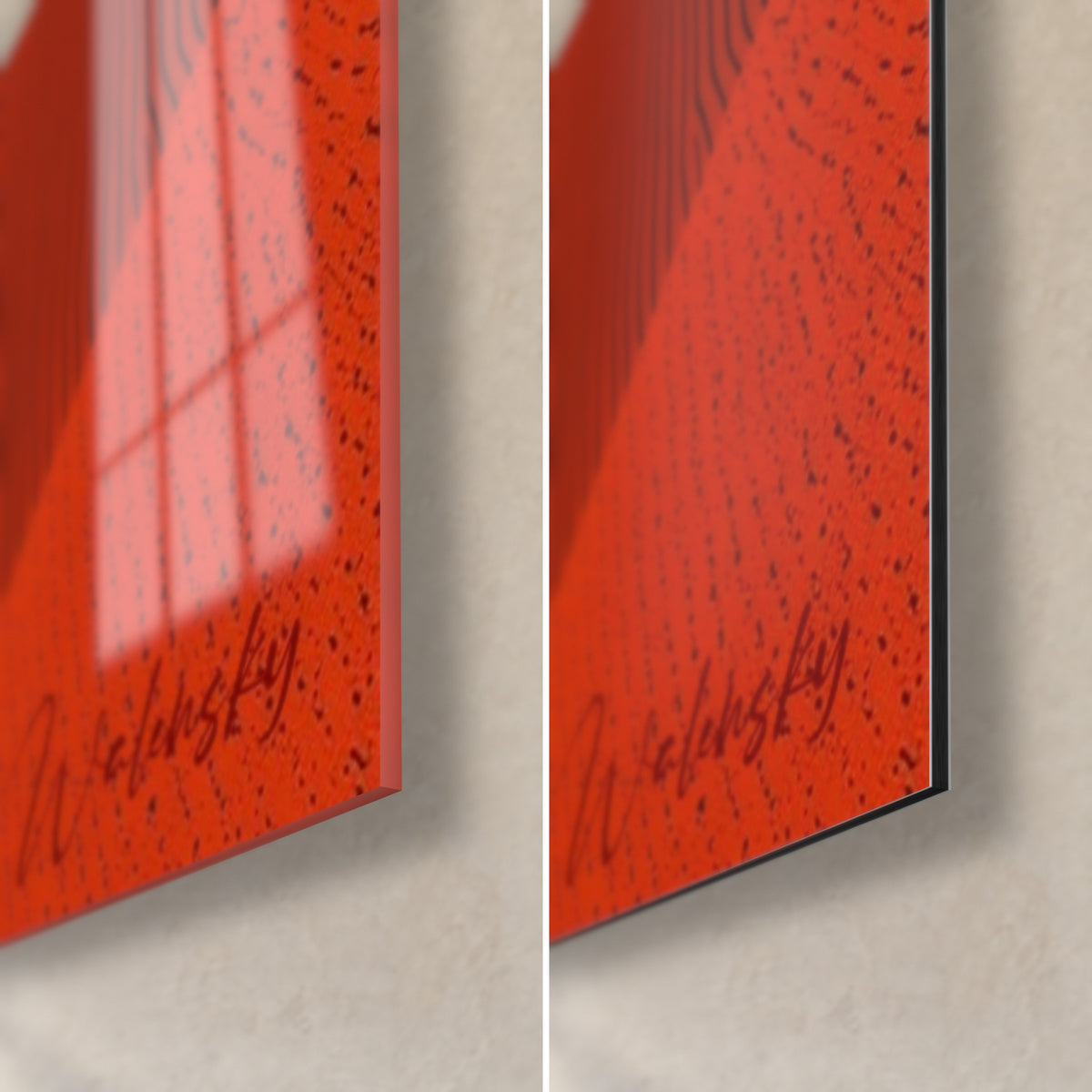 Schilderij rode vos, rechtsonder: glanzend acrylglas met reflecties links, mat zwart Dibond-aluminium rechts, rand van 3 mm