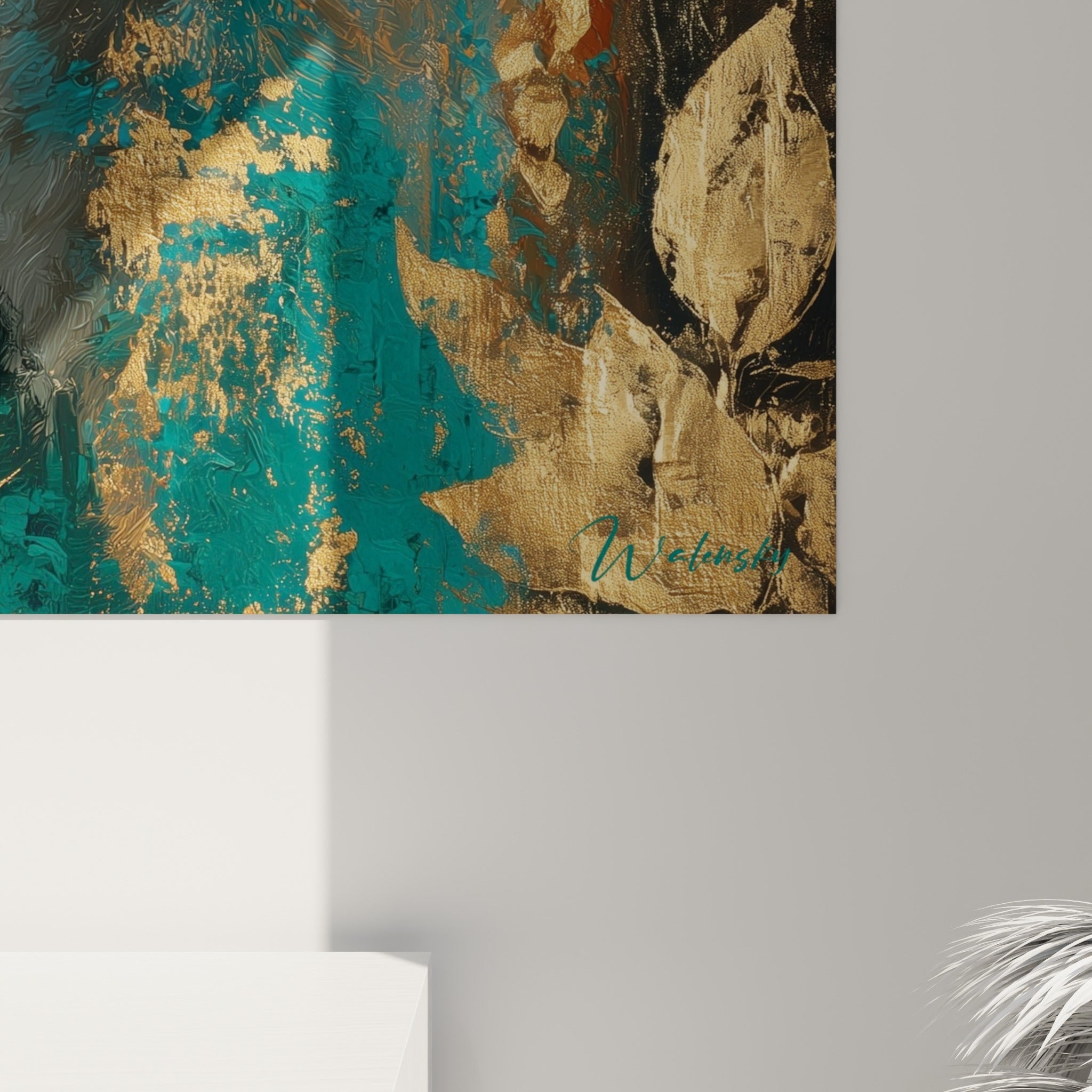 Empâtements dorés craquelés et coulures turquoise se mêlant au pelage roux du renard peint