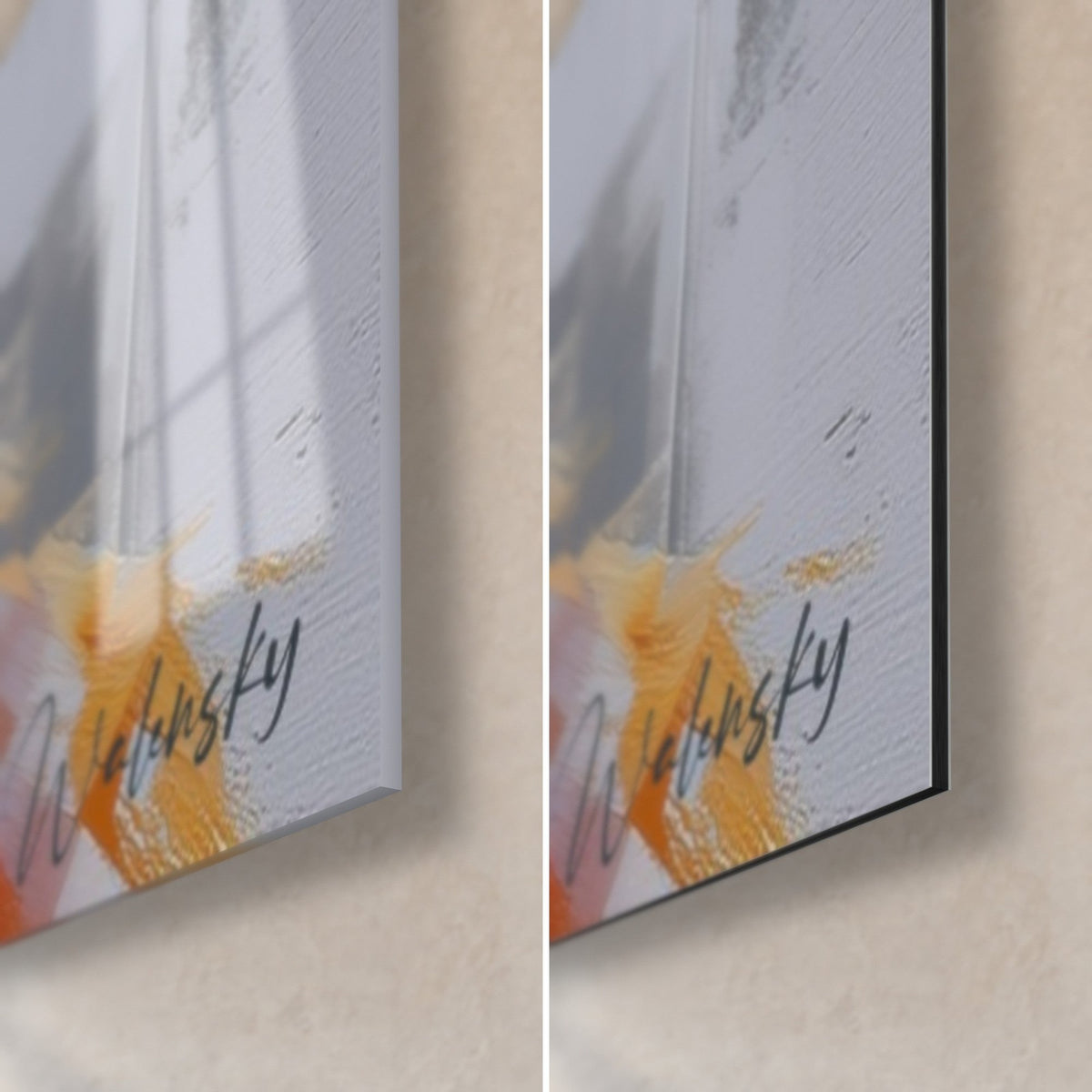 Wall art palette-knife fox painting, bottom right corner: glossy acrylic glass on the left, matte Dibond aluminium on the right, orange signature and black edge