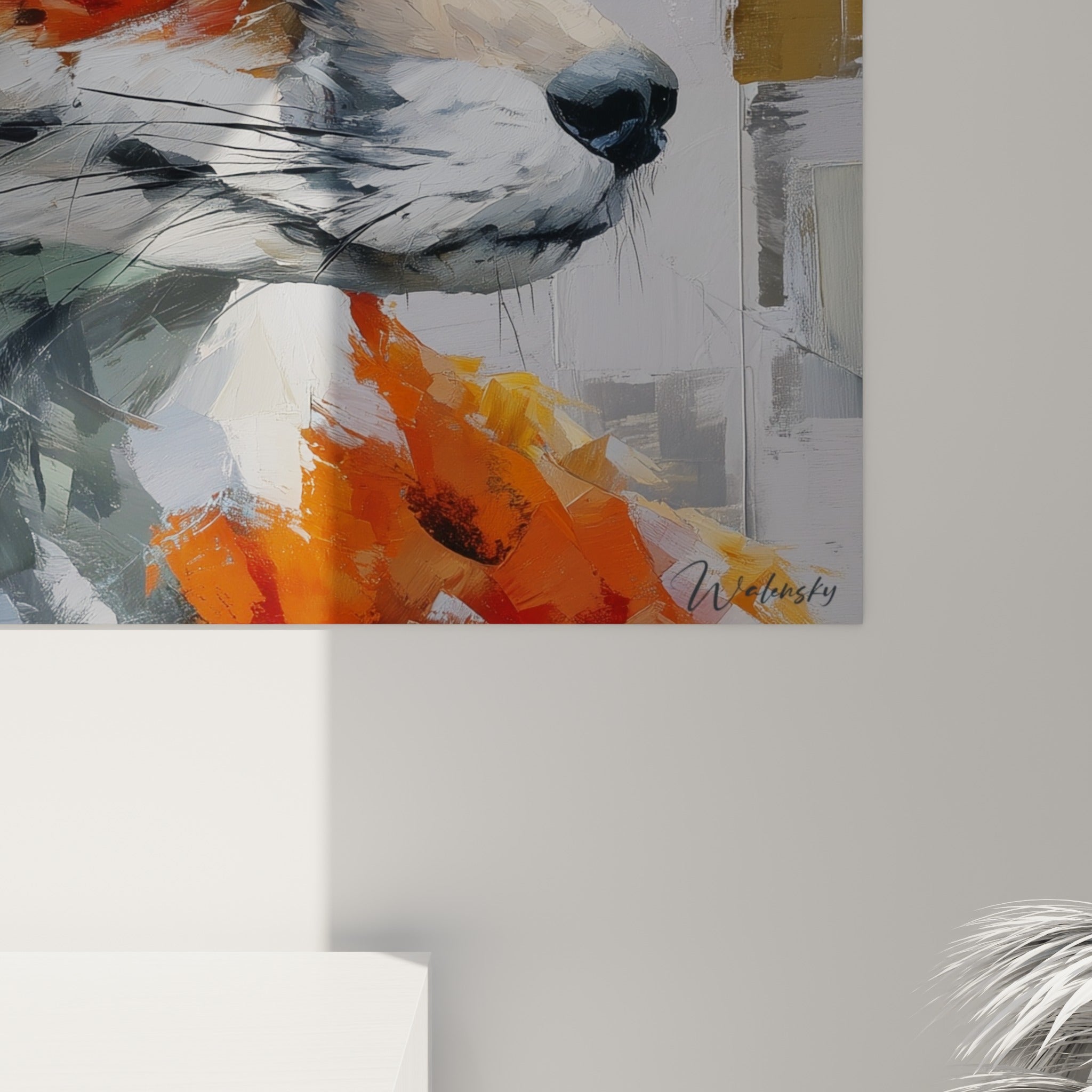 Empâtements de peinture orange et crème sur le pelage du renard, matière épaisse et coulures visibles