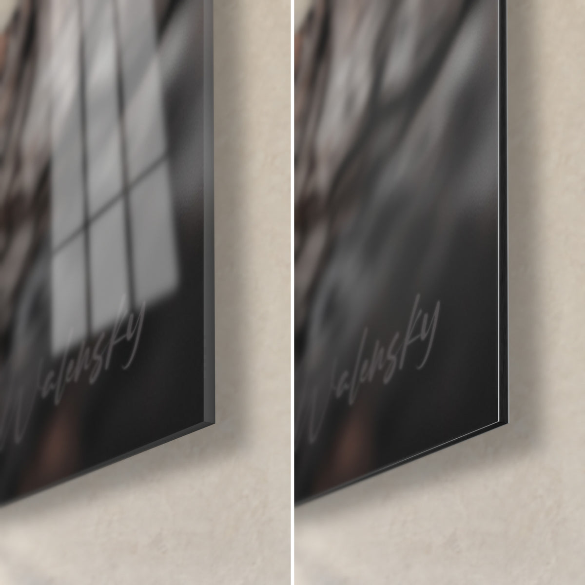 Gemälde Rotfuchs im Hochformat, unten rechts: glänzendes Acrylglas mit grauen Reflexen, mattschwarzes Dibond-Aluminium, 3 mm Kante