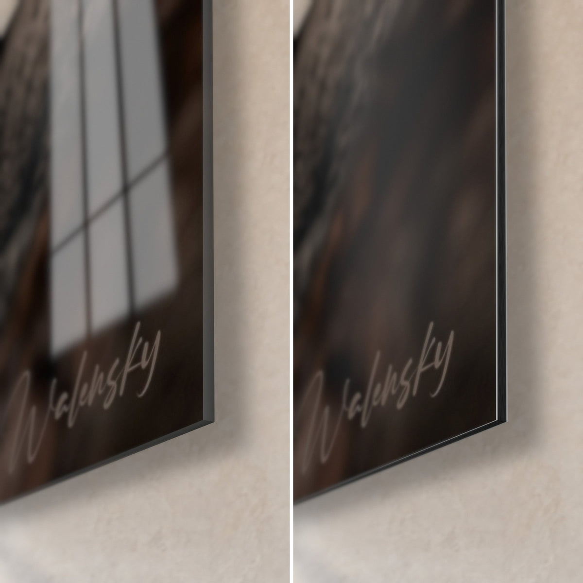 Wall art red fox, bottom right corner: glossy black acrylic glass with reflections on the left, matte Dibond aluminum on the right, 3 mm edge