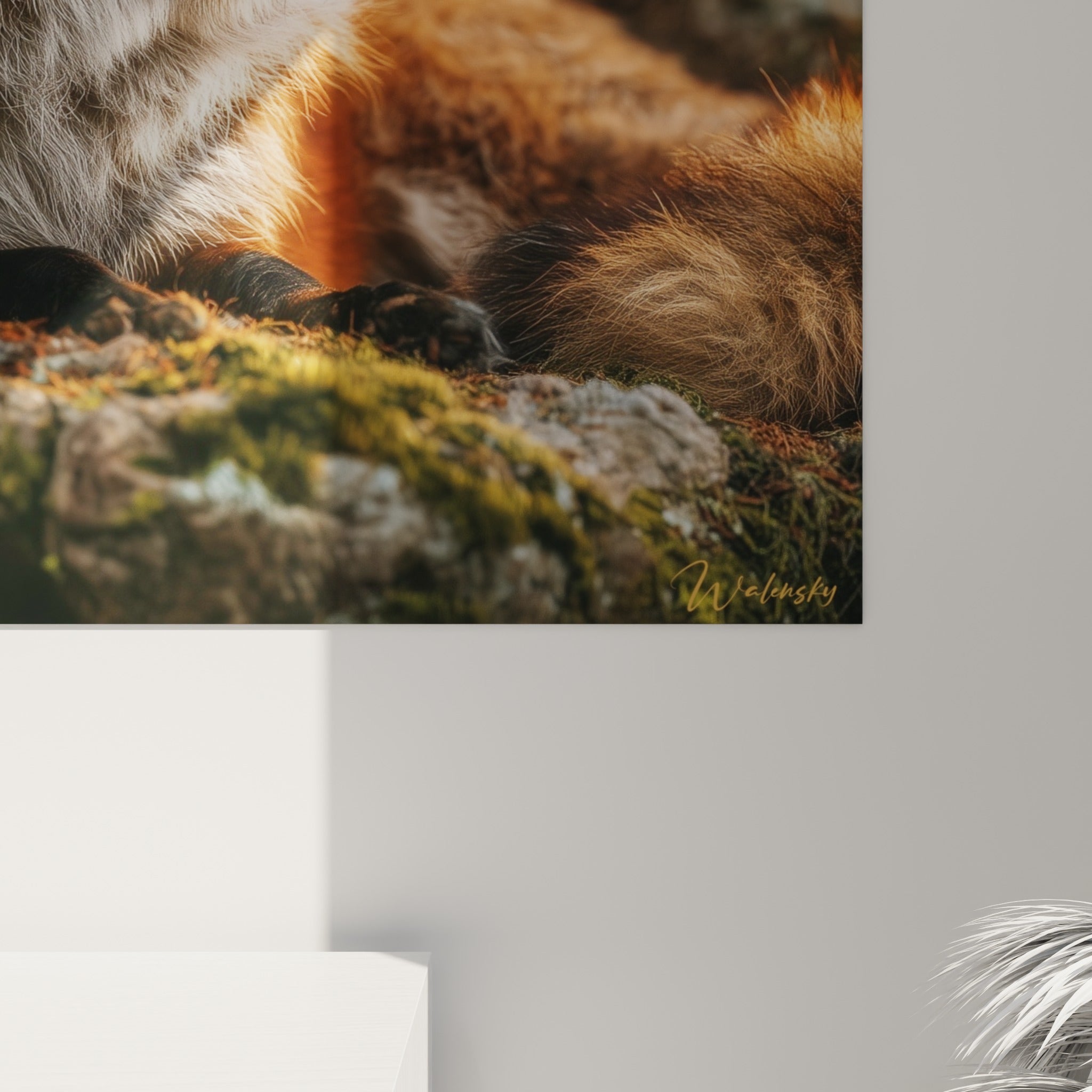 Empâtements du pelage orangé et blanc du renard, coulures de lumière dorée sur la toile texturée