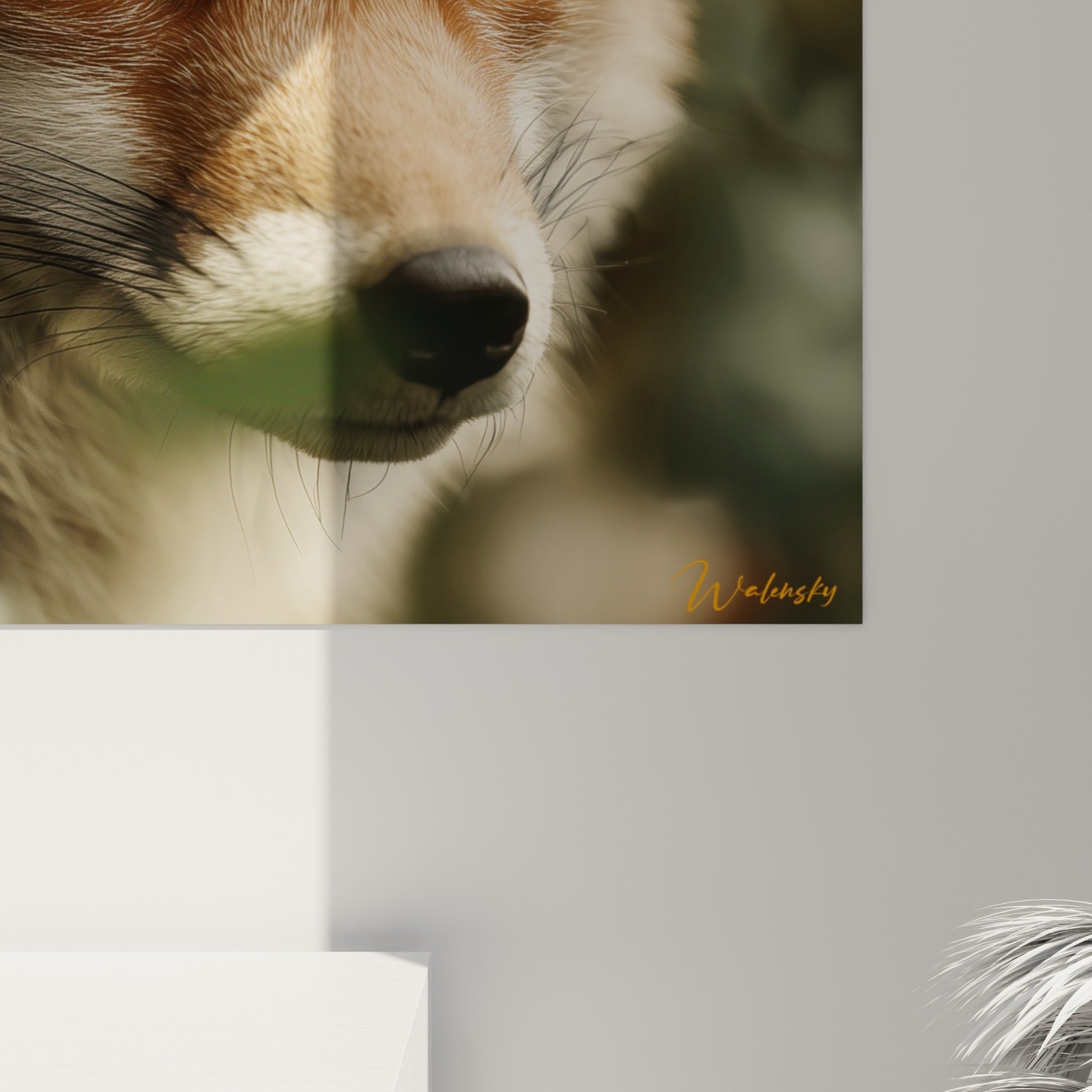 Détail du pelage roux et crème du renard, texture fine des poils et reflets ambrés visibles de près