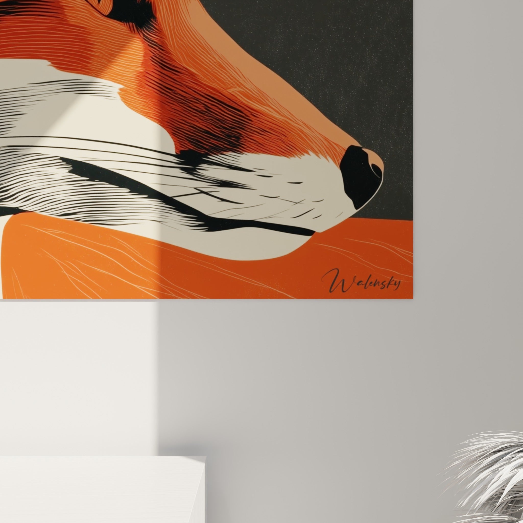 Traits fins et empâtements du pelage roux, transition marquée entre orange vif et blanc crème du museau