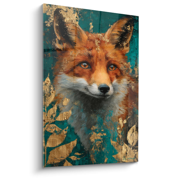 Tableau Renard roux sur fond turquoise et doré - Présence sauvage - Edition Renard