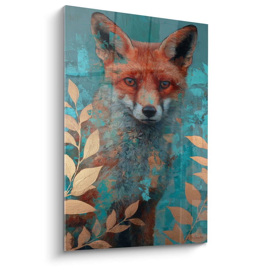 Tableau Renard roux fond turquoise feuillage doré - Regard tapi dans les feuilles - Edition Renard