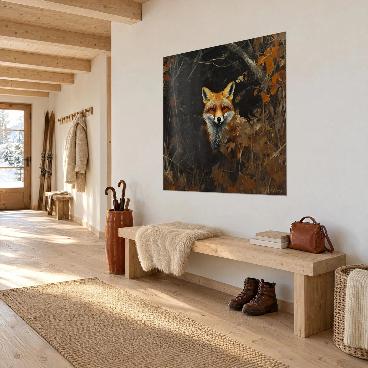 Wall art of an upright fox among orange leaves and black brambles, copper and grey coat, on the white wall of a wooden hallway