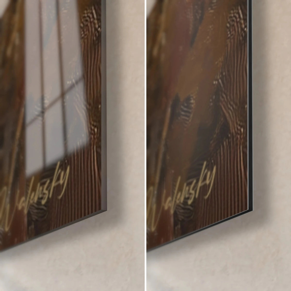 Wall art of a fox painted in oil, bottom right corner: glossy acrylic glass on the left, matte black Dibond on the right, 3 mm edge