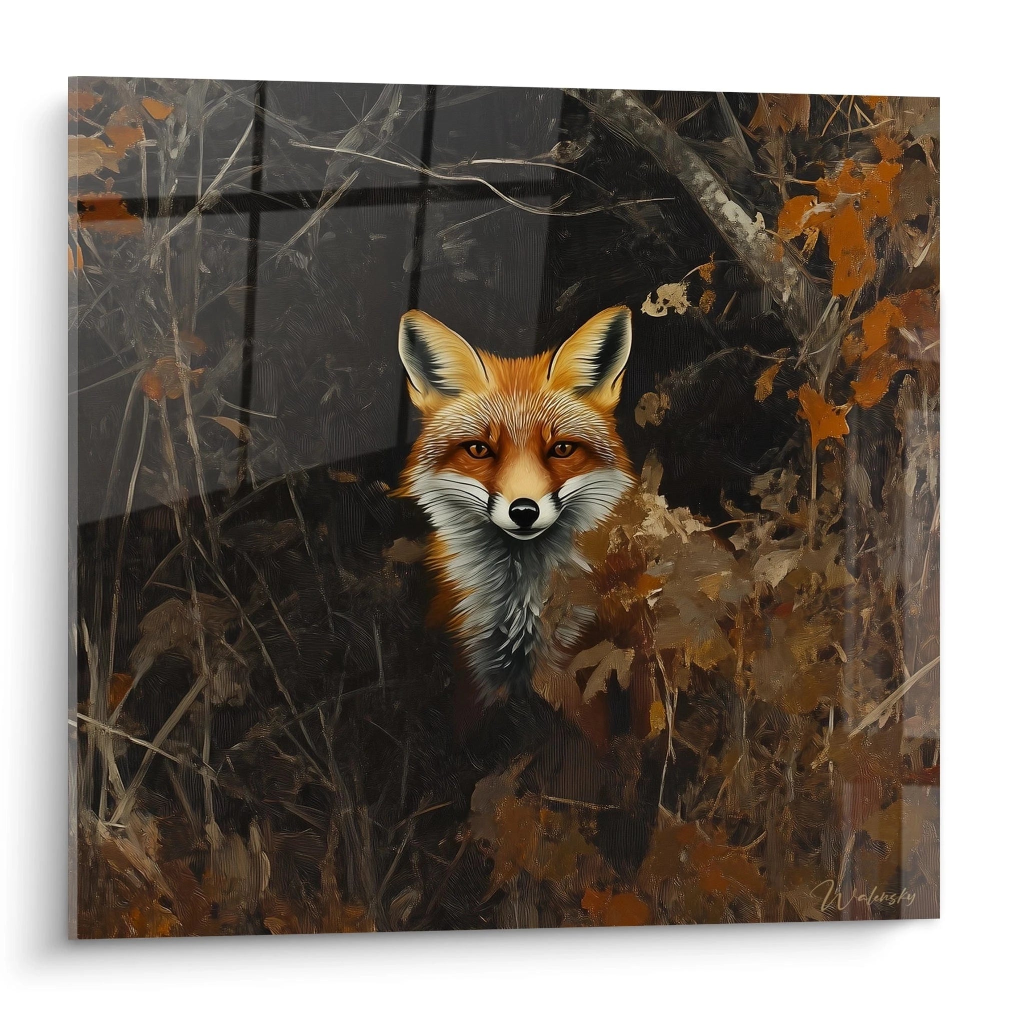 Tableau renard Walensky représentant un renard roux dans un décor naturel automnal sombre