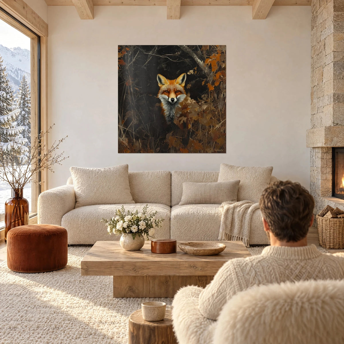 Wall art of a russet fox with amber eyes and a white muzzle on a deep brown background, above a sofa in a bright living room