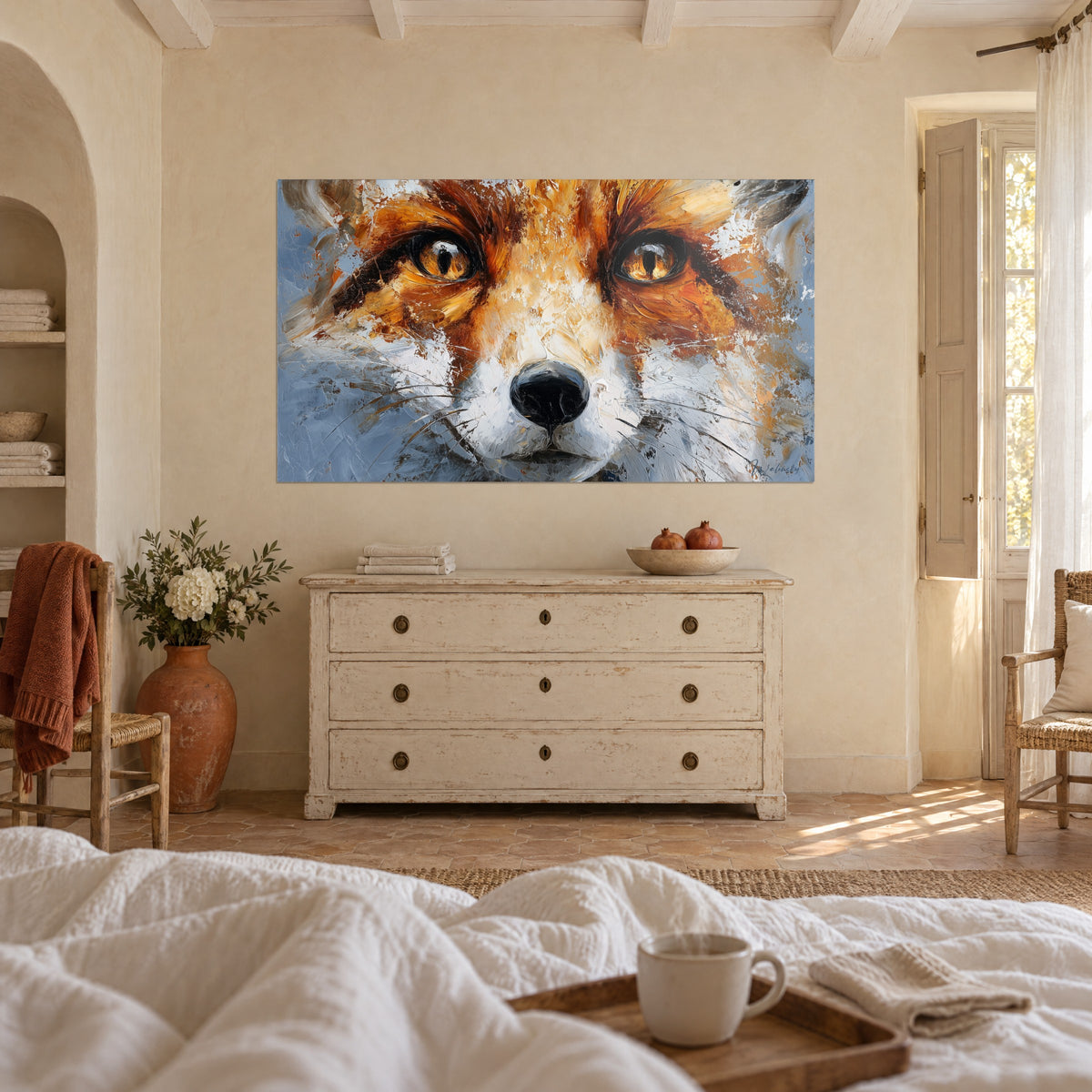Quadro sguardo di volpe con pupille nere a fessura, macchie arancioni e bianco crema su grigio acciaio, sopra un letto in una camera luminosa