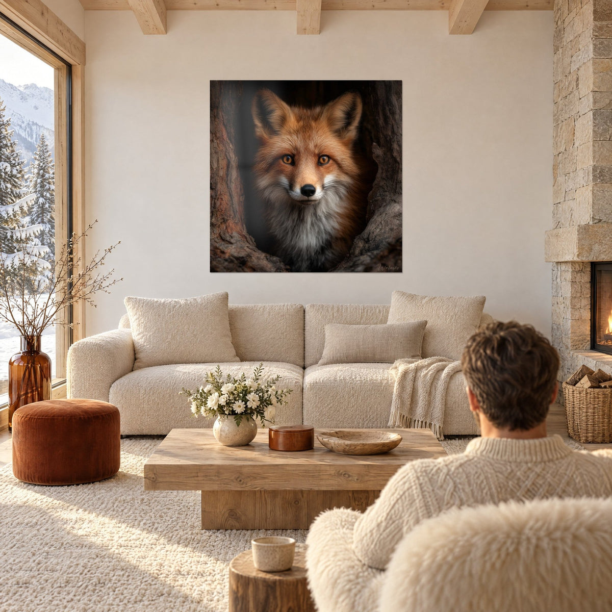 Wall art red fox with amber eyes between two brown tree trunks, white wall, cream sofa, above a sofa in a bright living room