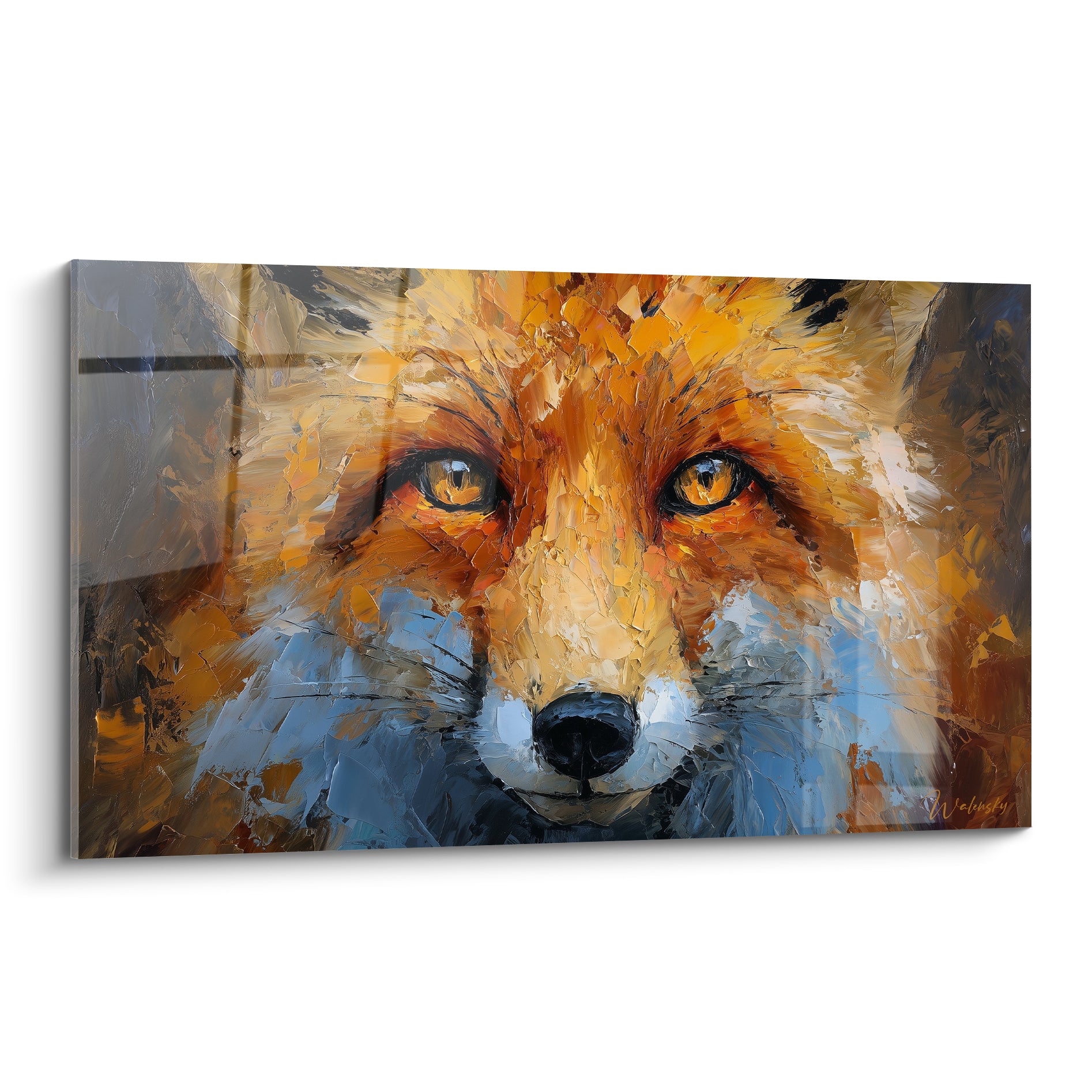 Renard roux aux yeux ambrés peint en empâtements orange, ocre et bleu ardoise sur toile