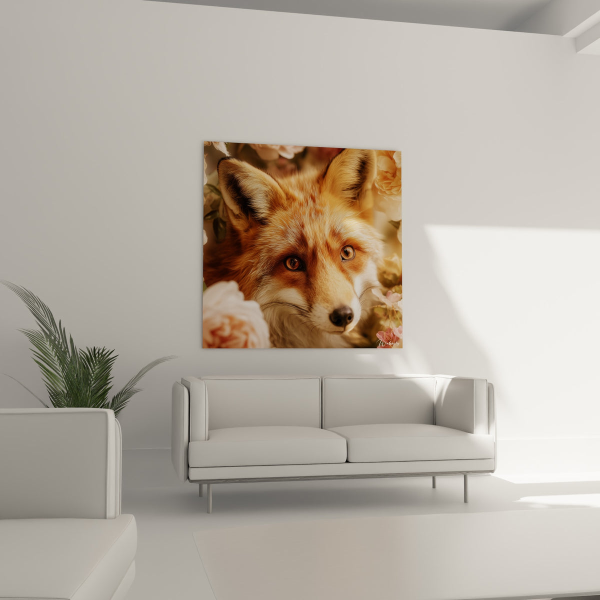 Renard roux orangé aux détails précis, encadré de fleurs pastel, au-dessus d'un canapé dans un salon lumineux
