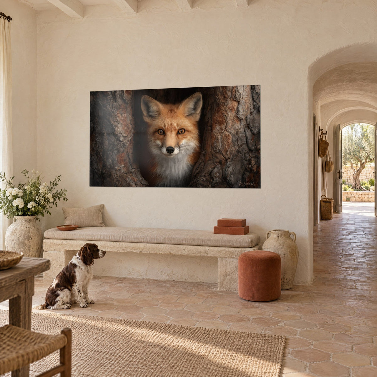 Wall art fox with orange coat and cream chest, dark rough-bark frame, beige wall of a Provençal farmhouse, seated spaniel