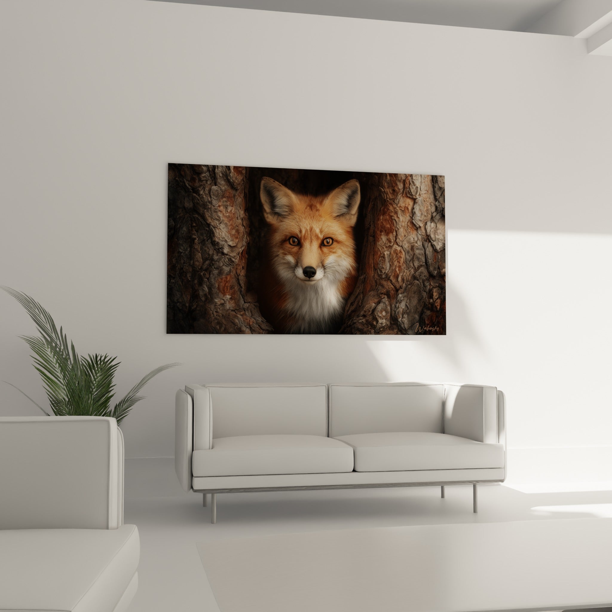 Yeux ambrés et fourrure orangée du renard illuminent le mur au-dessus d'un canapé dans un salon lumineux