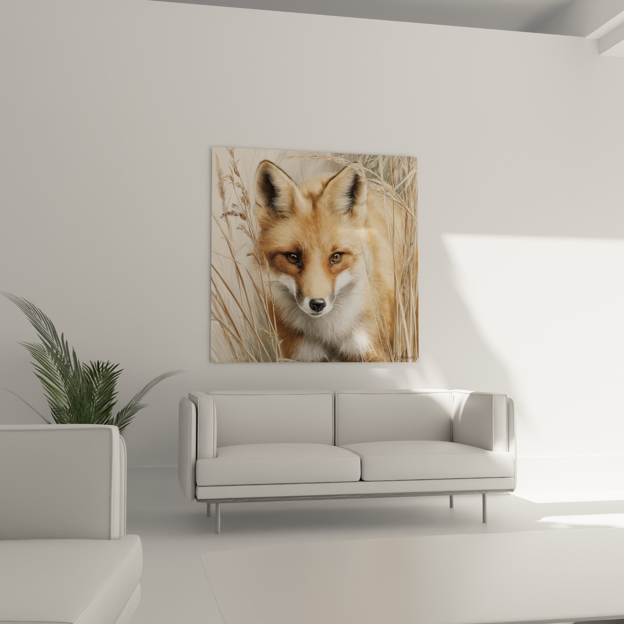 Yeux ambrés et fourrure rousse de ce renard sauvage au-dessus d'un canapé dans un salon lumineux