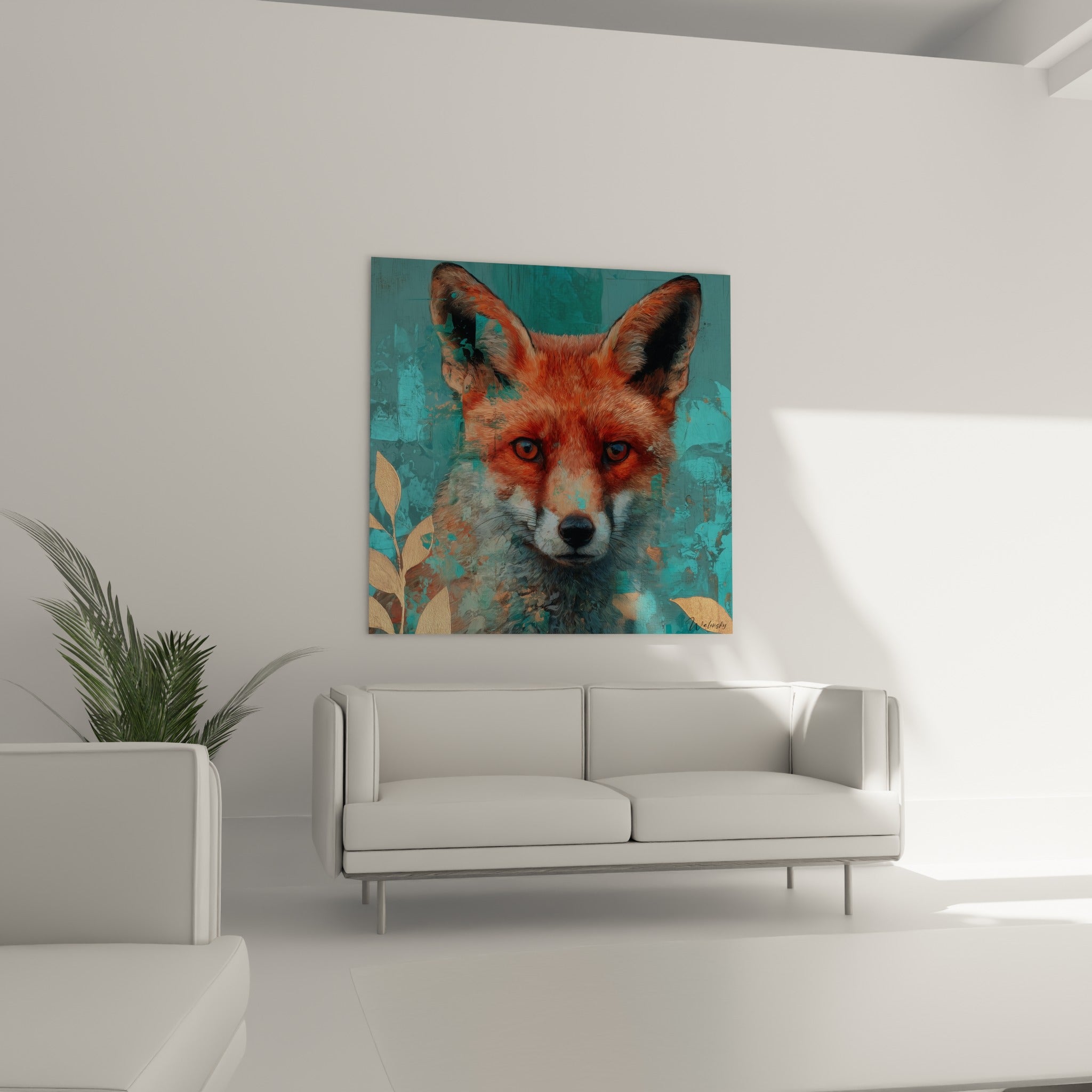 Yeux perçants du renard turquoise et fauve installés au-dessus d'un canapé dans un salon lumineux