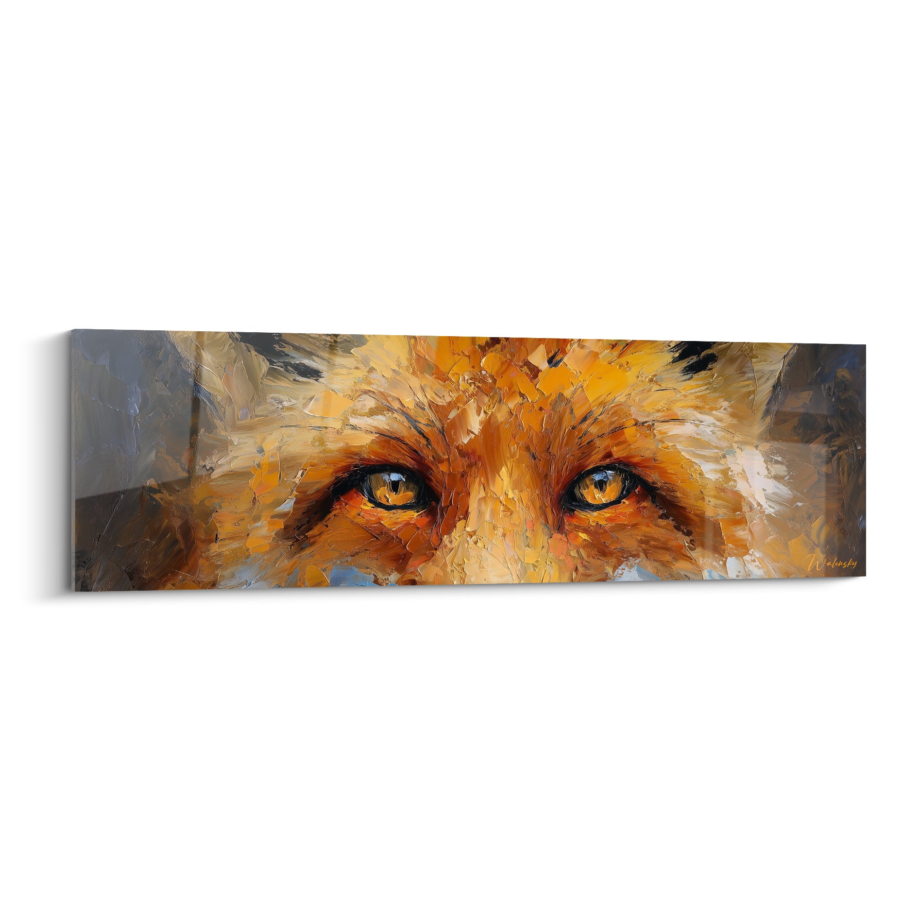 Renard aux yeux dorés intenses, pelage fauve texturé peint au couteau, fond gris anthracite