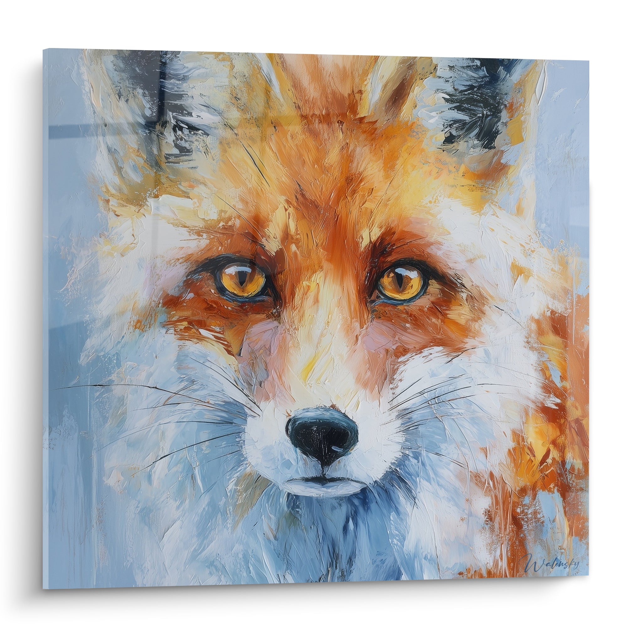 Renard roux au regard doré intense, fourrure orangée et fond bleu pastel, style expressif au couteau
