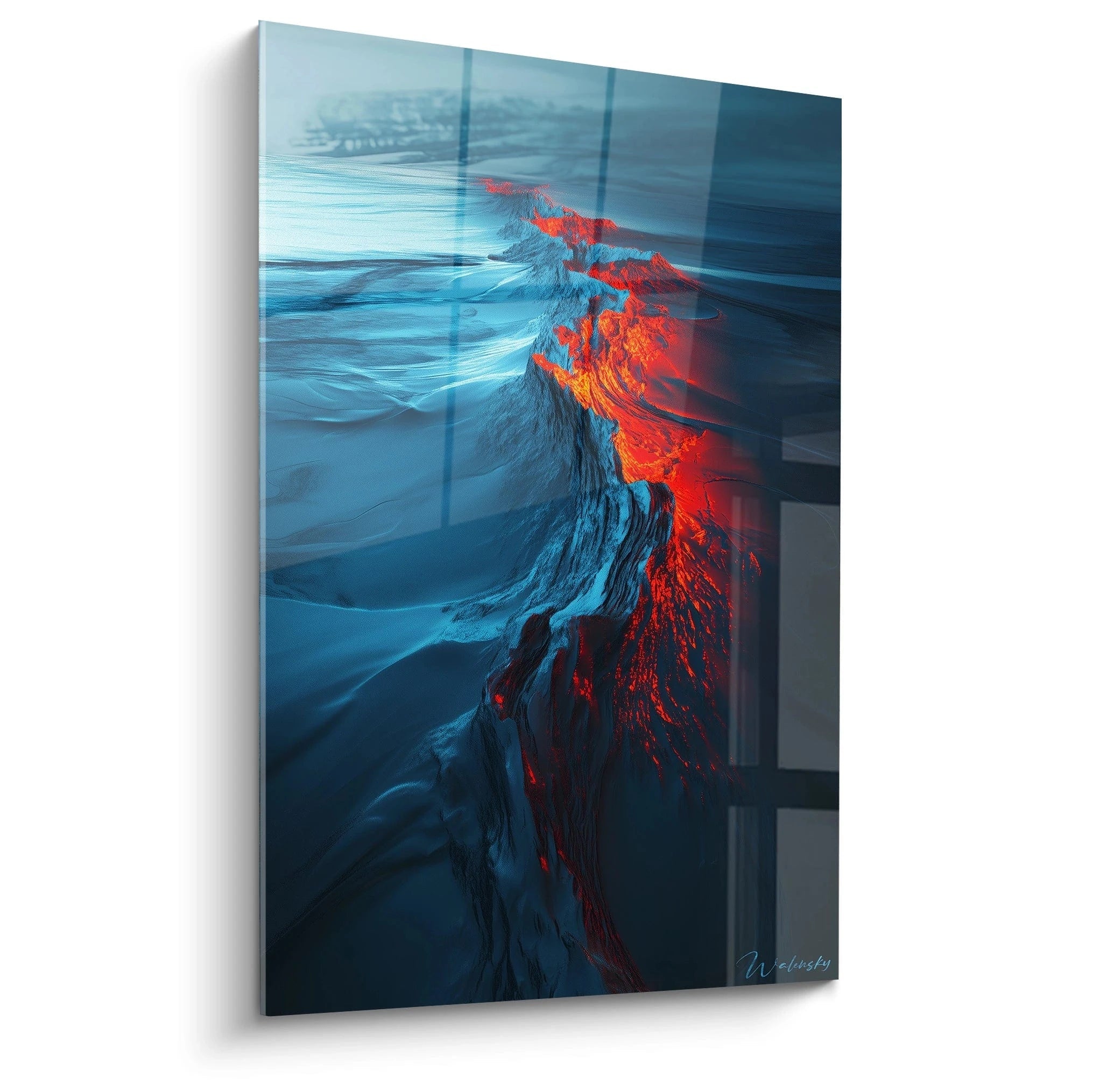 Un tableau abstrait représentant la collision dramatique entre l'océan bleu profond et la lave volcanique rouge-orange, créant une ligne de tension verticale avec des textures fluides contrastées et des mouvements dynamiques figés dans un équilibre parfait.
