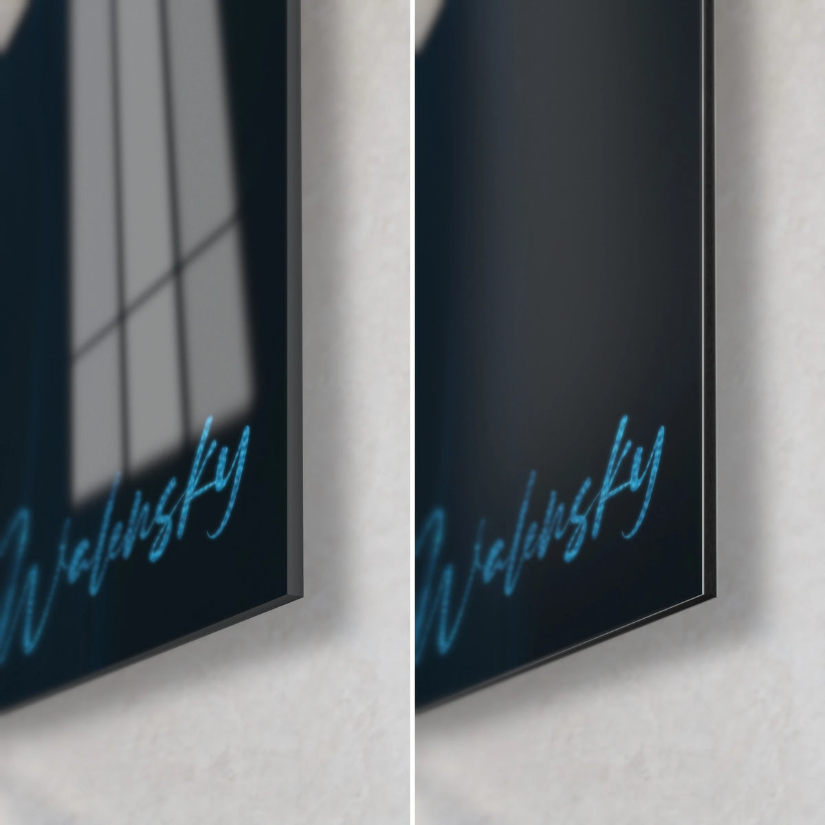 Tableau fissuré de feu rouge et nuit bleue, coin bas droit en verre brillant et alu Dibond mat, signature Walensky
