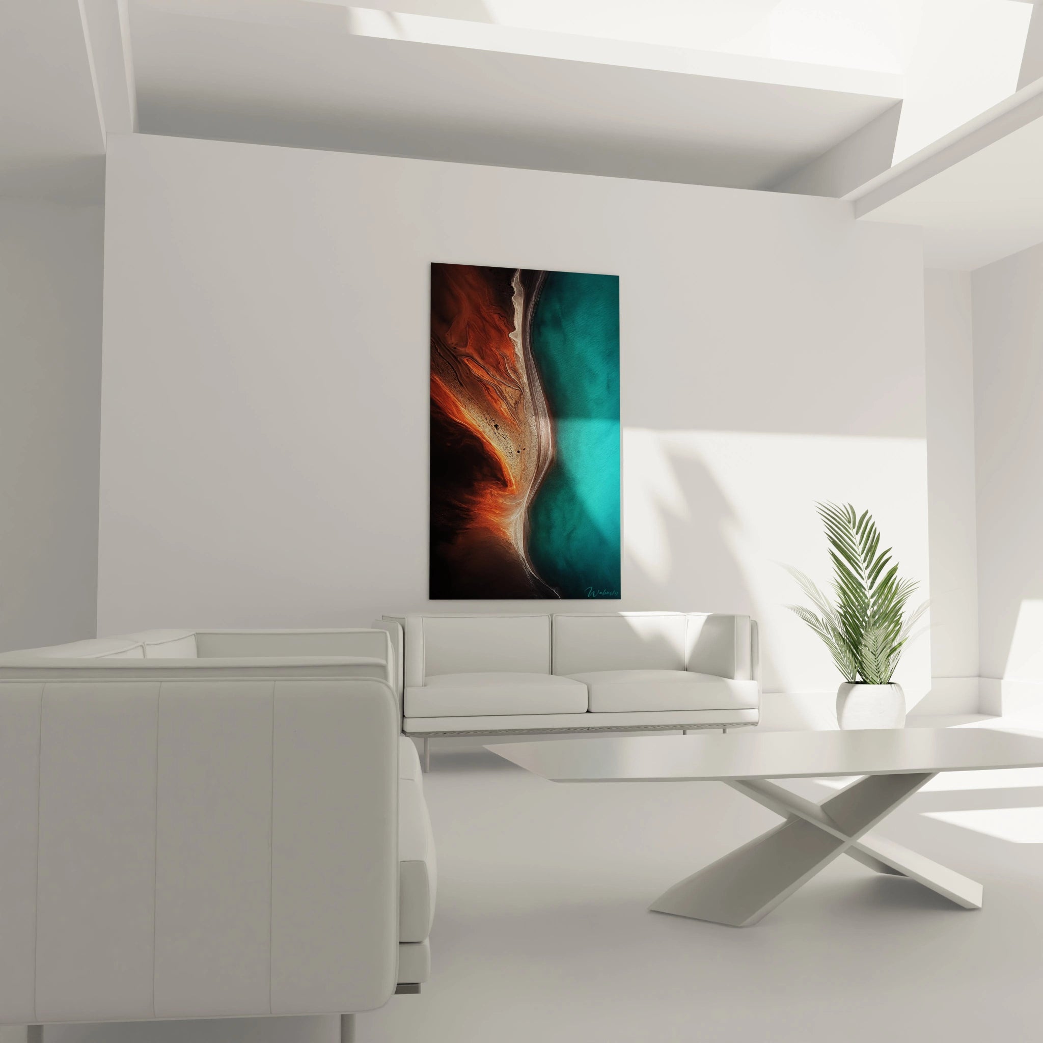 Un tableau vue aérienne montrant un paysage côtier abstrait dominé par trois couleurs : rouge-orangé terreux, turquoise marin et beige sablonneux. Les textures rugueuses des terres avec leurs veines claires créent un relief saisissant face à la surface plus uniforme de l'eau.
