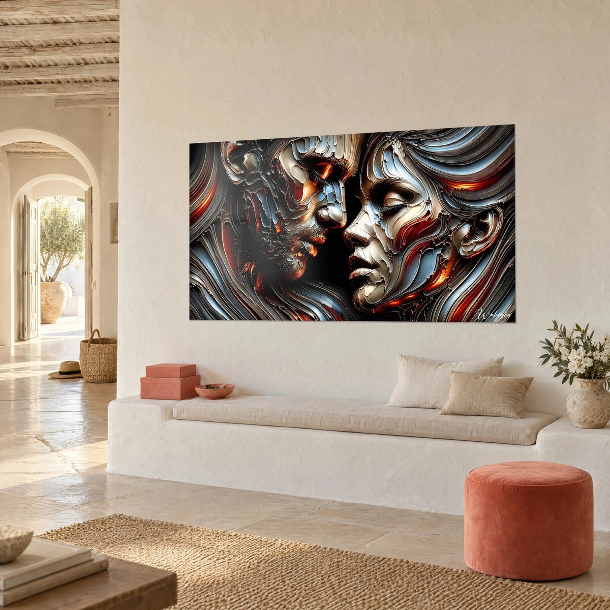 Tableau deux visages sculptés en pâte épaisse bleu acier et orange braise, mur crépi blanc, banquette en pierre