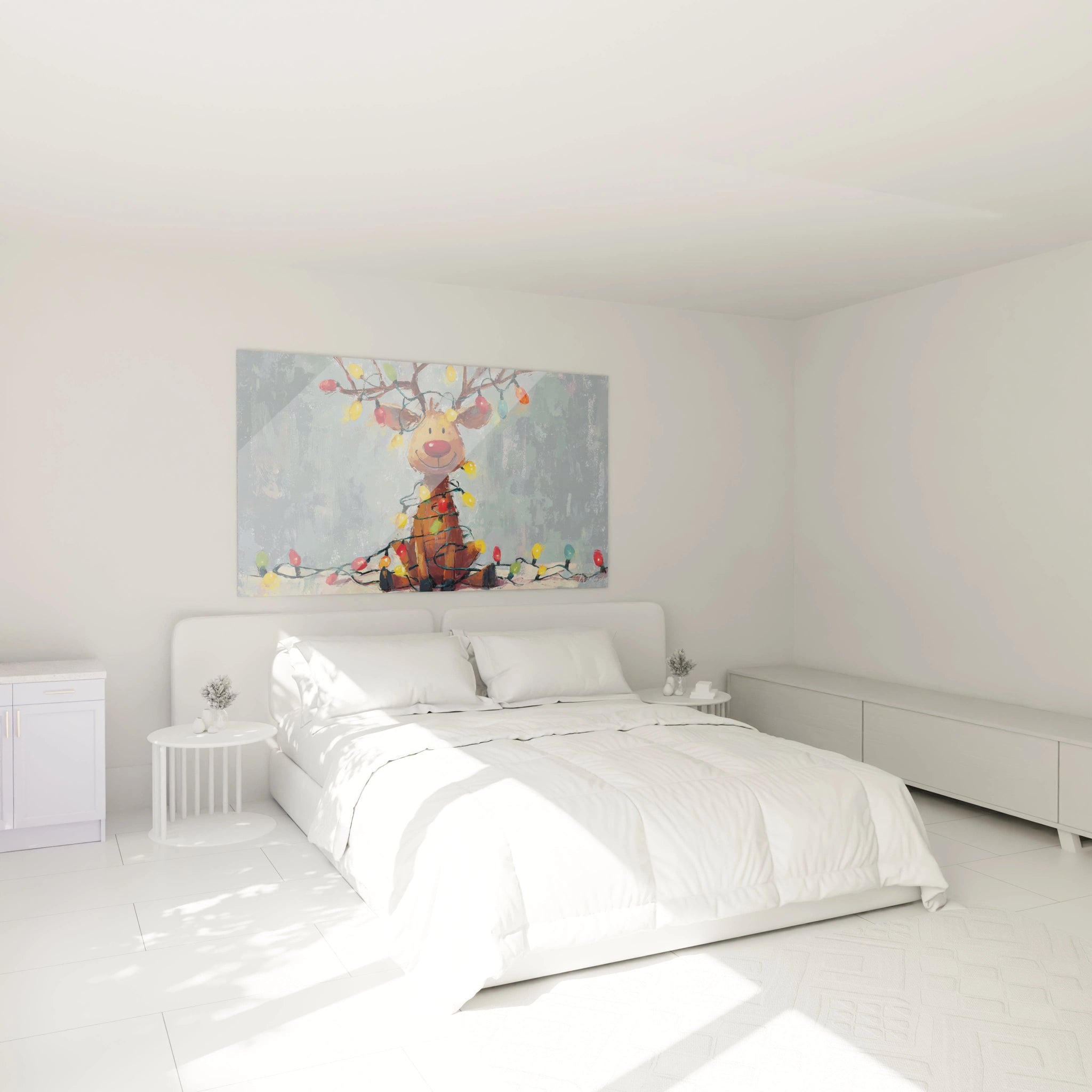 Tableau mural renne Noël de Walensky, décoré avec des lumières festives dans une chambre moderne